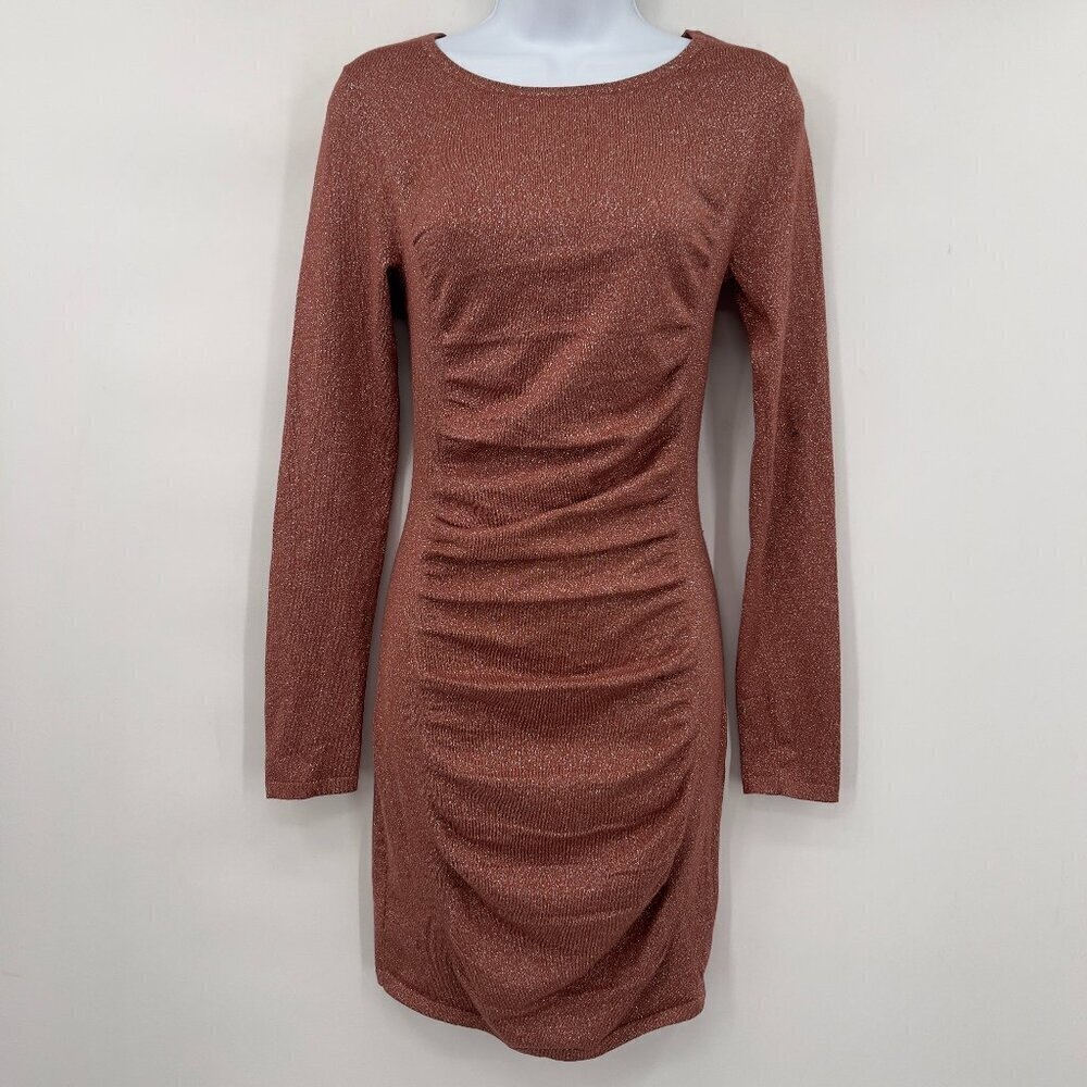 Express Metallic Ruched Bodycon Mini Dress Long Sleeve Sparkle Rose Gold S/P